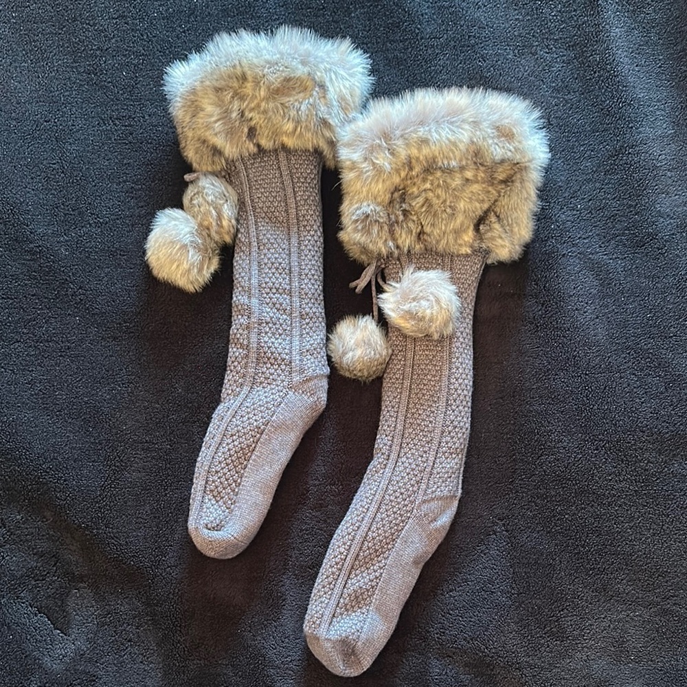 Cozy Gray Knit Socks with Faux Fur Trim